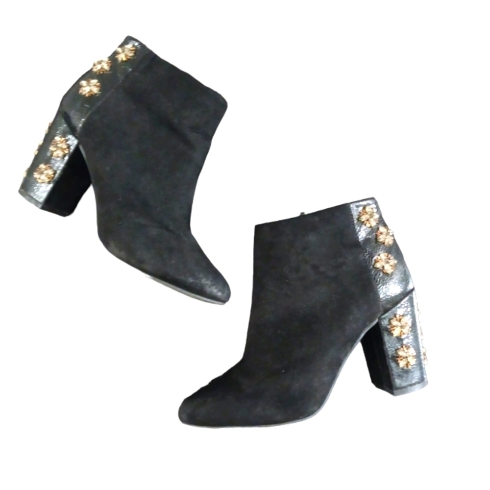 Anthropologie + Farylrobin Gemmed Ankle Booties Black Vegan Suede Chunky Heel